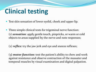 Clinical testing
 Test skin sensation of lower eyelid, cheek and upper lip.
 Three simple clinical tests for trigeminal nerve function:
(1) sensation: apply gentle touch, pinpricks, or warm or cold
objects to areas supplied by the nerve and note responses;
(2) reflex: try the jaw jerk and eye and sneeze reflexes;
(3) motor function: test the patient’s ability to chew and work
against resistance and observe contraction of the massater and
temporal muscles by visual examination and digital palpation.
 