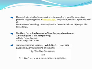 Dumbbell trigeminal schwannoma in a child: complete removal by a one-stage
pterional surgical approach. childs Nerv Syst. 2005 Nov;21(11):1008-11. Epub 2005 Mar
16.
Department of Neurology, University Medical Center St Radboud, Nijmegen, The
Netherlands.
Maxillary Nerve Involvement in Nasopharyngeal carcinoma,
American Journal of Roentgenology
AJR:167, November 1996
V.F.H.Chong1 and Y.F. Fan
 