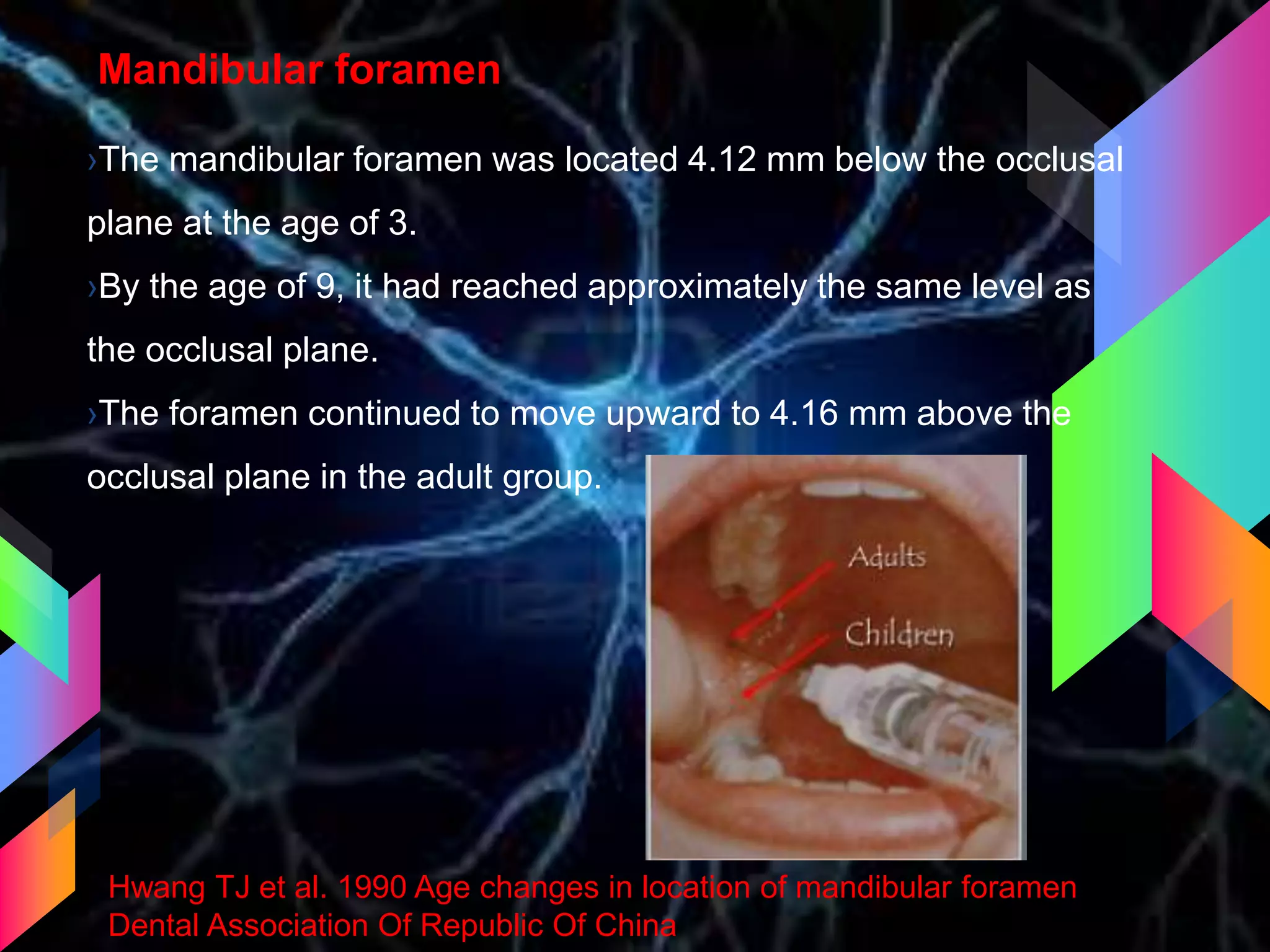 Mandibular foramen
›The mandibular foramen was located 4.12 mm below the occlusal
plane at the age of 3.
›By the age of 9, it had reached approximately the same level as
the occlusal plane.
›The foramen continued to move upward to 4.16 mm above the
occlusal plane in the adult group.
Hwang TJ et al. 1990 Age changes in location of mandibular foramen
Dental Association Of Republic Of China
 