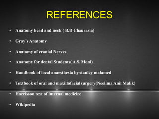 REFERENCES
• Anatomy head and neck ( B.D Chaurasia)
• Gray’s Anatomy
• Anatomy of cranial Nerves
• Anatomy for dental Students( A.S. Moni)
• Handbook of local anaesthesia by stanley malamed
• Textbook of oral and maxillofacial surgery(Neelima Anil Malik)
• Harrisson text of internal medicine
• Wikipedia
 