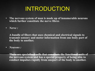 INTRODUCTION
• The nervous system of man is made up of innumerable neurons
which further constitute the nerve fibres
• Nerve :
A bundle of fibers that uses chemical and electrical signals to
transmit sensory and motor information from one body part of
the body to another.
• Neurons :
These are specialized cells that constitute the functional units of
the nervous system and has a special property of being able to
conduct impulses rapidly from onepart of the body to another.
 