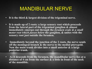 MANDIBULAR NERVE
• It is the third & largest division of the trigeminal nerve.
• It is made up of 2 roots: a large sensory root which proceeds
from the lateral part of the trigeminal ganglion & almost
immediately emerges out through the foramen ovale & a small
motor root which passes below the ganglion, & unites with the
sensory root just outside the foramen.
• Immediately beyond the junction of the 2 roots, the nerve sends
off the meningeal branch & the nerve to the medial pterygoid.
Now the main trunk divides into a small anterior & a large
posterior trunk.
• As it descends from the foramen, the mandibular nerve lies at a
distance of 4 cm from the surface & a little in front of the neck
of the mandible.
 