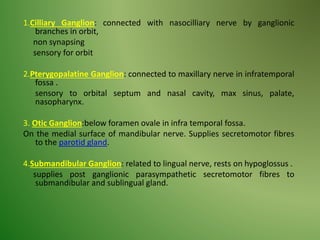 1.Cilliary Ganglion: connected with nasocilliary nerve by ganglionic
branches in orbit,
non synapsing
sensory for orbit
2.Pterygopalatine Ganglion: connected to maxillary nerve in infratemporal
fossa .
sensory to orbital septum and nasal cavity, max sinus, palate,
nasopharynx.
3. Otic Ganglion:below foramen ovale in infra temporal fossa.
On the medial surface of mandibular nerve. Supplies secretomotor fibres
to the parotid gland.
4.Submandibular Ganglion: related to lingual nerve, rests on hypoglossus .
supplies post ganglionic parasympathetic secretomotor fibres to
submandibular and sublingual gland.
 
