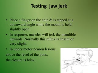 Testing jaw jerk
• Place a finger on the chin & is tapped at a
downward angle while the mouth is held
slightly open.
• In response, muscles will jerk the mandible
upwards. Normally this reflex is absent or
very slight.
• In upper motor neuron lesions,
above the level of the pons,
the closure is brisk.
 