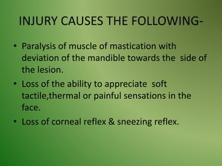 INJURY CAUSES THE FOLLOWING-
• Paralysis of muscle of mastication with
deviation of the mandible towards the side of
the lesion.
• Loss of the ability to appreciate soft
tactile,thermal or painful sensations in the
face.
• Loss of corneal reflex & sneezing reflex.
 
