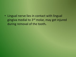 • Lingual nerve lies in contact with lingual
gingiva medial to 3rd molar, may get injured
during removal of the tooth.
 