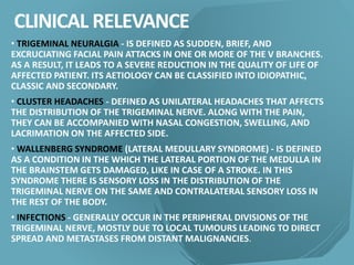 CLINICAL RELEVANCE
• TRIGEMINAL NEURALGIA - IS DEFINED AS SUDDEN, BRIEF, AND
EXCRUCIATING FACIAL PAIN ATTACKS IN ONE OR MORE OF THE V BRANCHES.
AS A RESULT, IT LEADS TO A SEVERE REDUCTION IN THE QUALITY OF LIFE OF
AFFECTED PATIENT. ITS AETIOLOGY CAN BE CLASSIFIED INTO IDIOPATHIC,
CLASSIC AND SECONDARY.
• CLUSTER HEADACHES - DEFINED AS UNILATERAL HEADACHES THAT AFFECTS
THE DISTRIBUTION OF THE TRIGEMINAL NERVE. ALONG WITH THE PAIN,
THEY CAN BE ACCOMPANIED WITH NASAL CONGESTION, SWELLING, AND
LACRIMATION ON THE AFFECTED SIDE.
• WALLENBERG SYNDROME (LATERAL MEDULLARY SYNDROME) - IS DEFINED
AS A CONDITION IN THE WHICH THE LATERAL PORTION OF THE MEDULLA IN
THE BRAINSTEM GETS DAMAGED, LIKE IN CASE OF A STROKE. IN THIS
SYNDROME THERE IS SENSORY LOSS IN THE DISTRIBUTION OF THE
TRIGEMINAL NERVE ON THE SAME AND CONTRALATERAL SENSORY LOSS IN
THE REST OF THE BODY.
• INFECTIONS - GENERALLY OCCUR IN THE PERIPHERAL DIVISIONS OF THE
TRIGEMINAL NERVE, MOSTLY DUE TO LOCAL TUMOURS LEADING TO DIRECT
SPREAD AND METASTASES FROM DISTANT MALIGNANCIES.
 