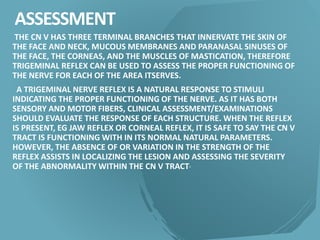 ASSESSMENT
THE CN V HAS THREE TERMINAL BRANCHES THAT INNERVATE THE SKIN OF
THE FACE AND NECK, MUCOUS MEMBRANES AND PARANASAL SINUSES OF
THE FACE, THE CORNEAS, AND THE MUSCLES OF MASTICATION, THEREFORE
TRIGEMINAL REFLEX CAN BE USED TO ASSESS THE PROPER FUNCTIONING OF
THE NERVE FOR EACH OF THE AREA ITSERVES.
A TRIGEMINAL NERVE REFLEX IS A NATURAL RESPONSE TO STIMULI
INDICATING THE PROPER FUNCTIONING OF THE NERVE. AS IT HAS BOTH
SENSORY AND MOTOR FIBERS, CLINICAL ASSESSMENT/EXAMINATIONS
SHOULD EVALUATE THE RESPONSE OF EACH STRUCTURE. WHEN THE REFLEX
IS PRESENT, EG JAW REFLEX OR CORNEAL REFLEX, IT IS SAFE TO SAY THE CN V
TRACT IS FUNCTIONING WITH IN ITS NORMAL NATURAL PARAMETERS.
HOWEVER, THE ABSENCE OF OR VARIATION IN THE STRENGTH OF THE
REFLEX ASSISTS IN LOCALIZING THE LESION AND ASSESSING THE SEVERITY
OF THE ABNORMALITY WITHIN THE CN V TRACT.
 