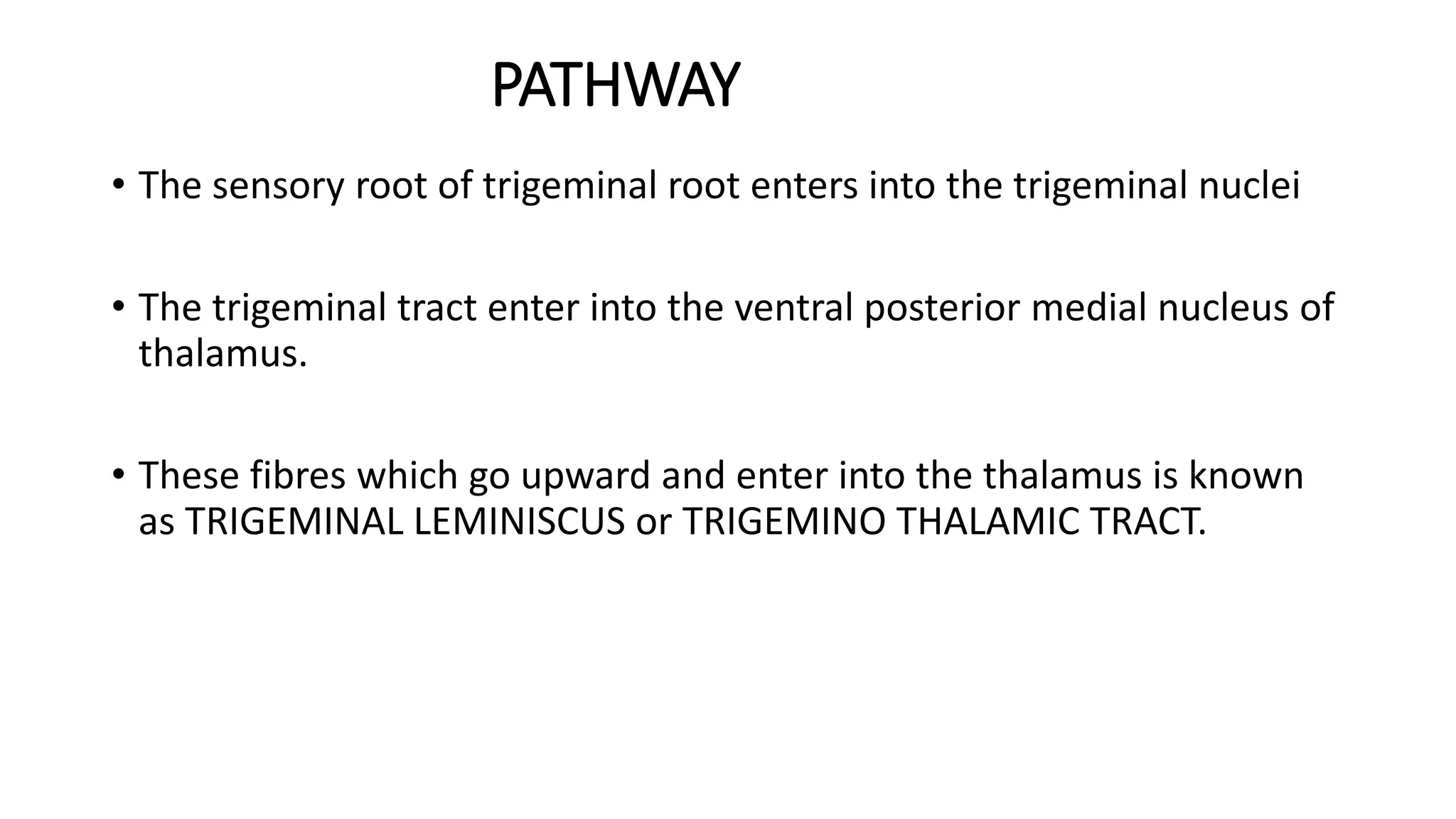 PATHWAY
• The sensory root of trigeminal root enters into the trigeminal nuclei
• The trigeminal tract enter into the ventral posterior medial nucleus of
thalamus.
• These fibres which go upward and enter into the thalamus is known
as TRIGEMINAL LEMINISCUS or TRIGEMINO THALAMIC TRACT.
 