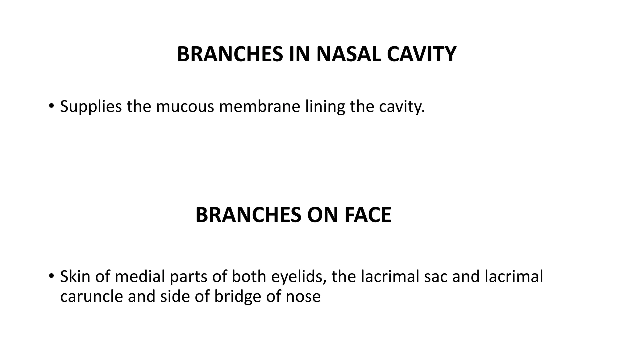 BRANCHES IN NASAL CAVITY
• Supplies the mucous membrane lining the cavity.
BRANCHES ON FACE
• Skin of medial parts of both eyelids, the lacrimal sac and lacrimal
caruncle and side of bridge of nose
 