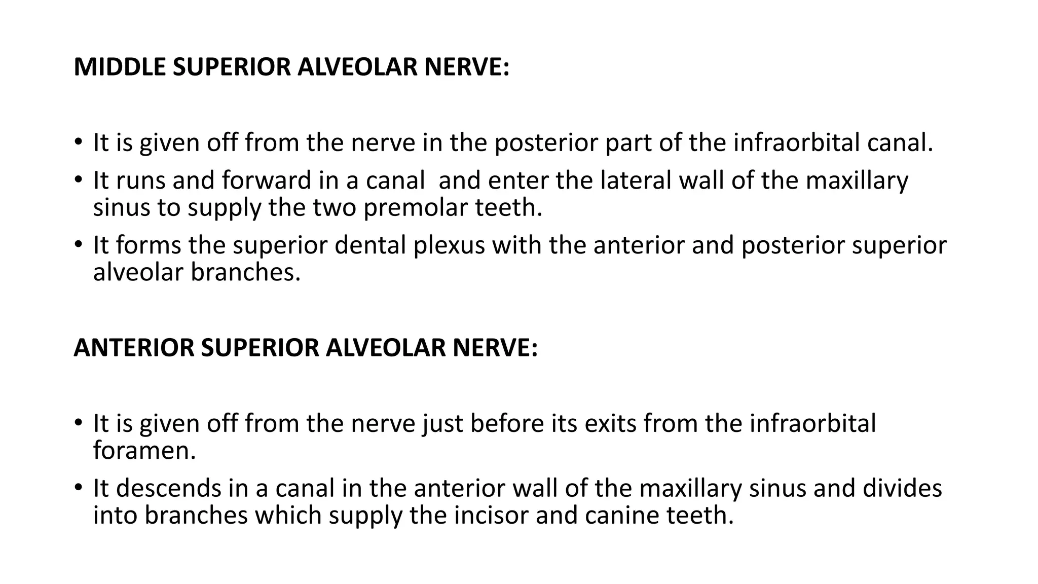 MIDDLE SUPERIOR ALVEOLAR NERVE:
• It is given off from the nerve in the posterior part of the infraorbital canal.
• It runs and forward in a canal and enter the lateral wall of the maxillary
sinus to supply the two premolar teeth.
• It forms the superior dental plexus with the anterior and posterior superior
alveolar branches.
ANTERIOR SUPERIOR ALVEOLAR NERVE:
• It is given off from the nerve just before its exits from the infraorbital
foramen.
• It descends in a canal in the anterior wall of the maxillary sinus and divides
into branches which supply the incisor and canine teeth.
 