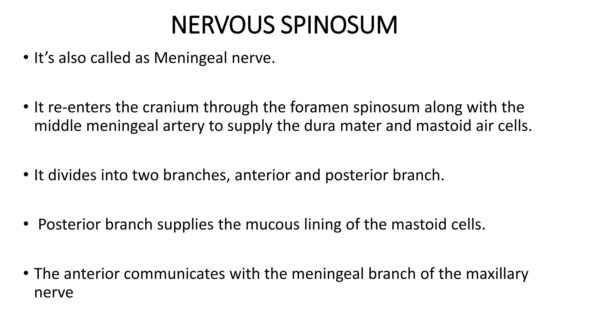 NERVOUS SPINOSUM
• It’s also called as Meningeal nerve.
• It re-enters the cranium through the foramen spinosum along with the
middle meningeal artery to supply the dura mater and mastoid air cells.
• It divides into two branches, anterior and posterior branch.
• Posterior branch supplies the mucous lining of the mastoid cells.
• The anterior communicates with the meningeal branch of the maxillary
nerve
 