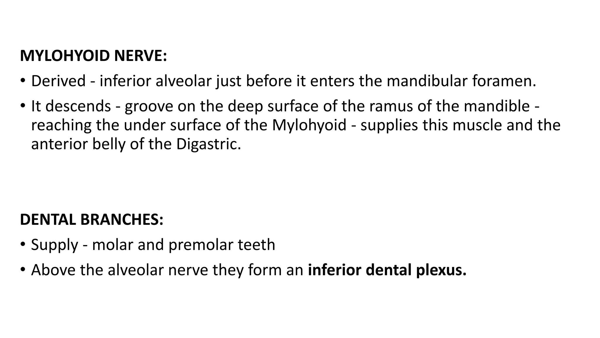 MYLOHYOID NERVE:
• Derived - inferior alveolar just before it enters the mandibular foramen.
• It descends - groove on the deep surface of the ramus of the mandible -
reaching the under surface of the Mylohyoid - supplies this muscle and the
anterior belly of the Digastric.
DENTAL BRANCHES:
• Supply - molar and premolar teeth
• Above the alveolar nerve they form an inferior dental plexus.
 