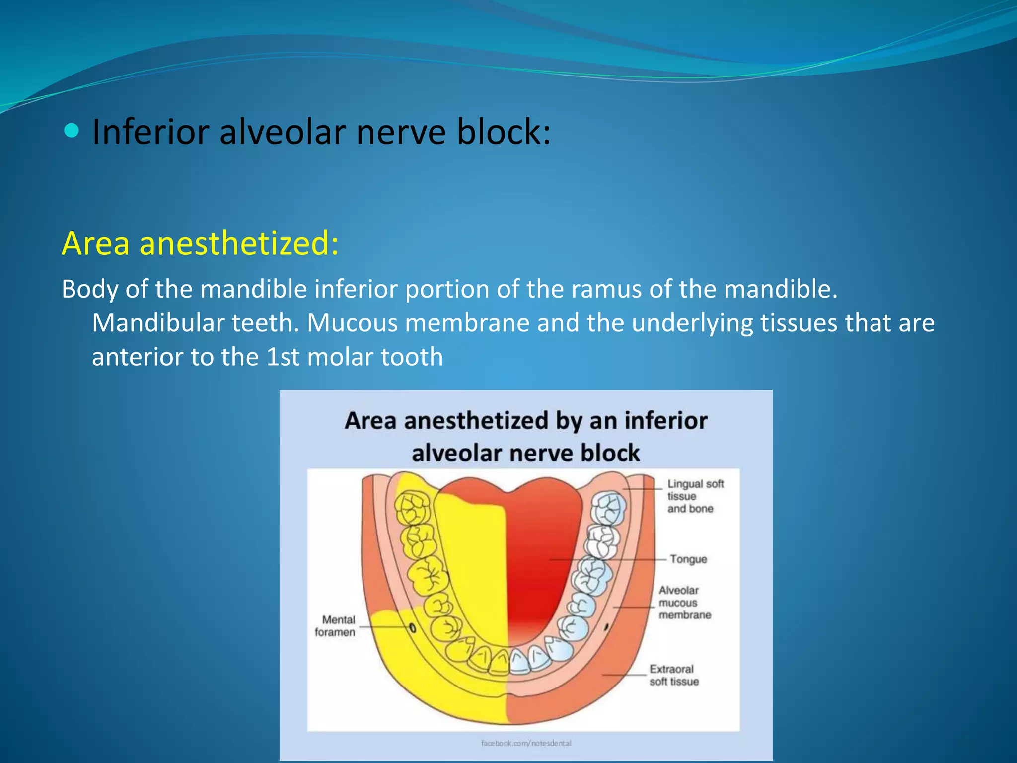  Inferior alveolar nerve block:
Area anesthetized:
Body of the mandible inferior portion of the ramus of the mandible.
Mandibular teeth. Mucous membrane and the underlying tissues that are
anterior to the 1st molar tooth
 