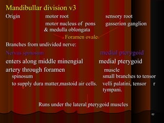Mandibullar division v3Mandibullar division v3
OriginOrigin motor rootmotor root sensory rootsensory root
motor nucleus of ponsmotor nucleus of pons gasserion gangliongasserion ganglion
& medulla oblongata& medulla oblongata
Foramen ovaleForamen ovale
Branches from undivided nerve:Branches from undivided nerve:
Nervus spinosumNervus spinosum medial pterygoidmedial pterygoid
enters along middle minengialenters along middle minengial medial pterygoidmedial pterygoid
artery through foramenartery through foramen musclemuscle
spinosumspinosum small branches to tensorsmall branches to tensor
to supply dura matter,mastoid air cells. velli palatini, tensorto supply dura matter,mastoid air cells. velli palatini, tensor rr
tympani.tympani.
Runs under the lateral pterygoid musclesRuns under the lateral pterygoid muscles
6262
 