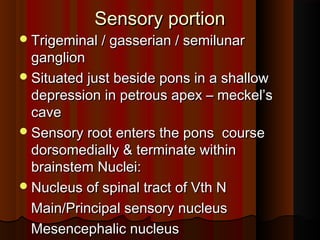 Sensory portionSensory portion
Trigeminal / gasserian / semilunarTrigeminal / gasserian / semilunar
ganglionganglion
Situated just beside pons in a shallowSituated just beside pons in a shallow
depression in petrous apex – meckel’sdepression in petrous apex – meckel’s
cavecave
Sensory root enters the pons courseSensory root enters the pons course
dorsomedially & terminate withindorsomedially & terminate within
brainstem Nuclei:brainstem Nuclei:
Nucleus of spinal tract of Vth NNucleus of spinal tract of Vth N
Main/Principal sensory nucleusMain/Principal sensory nucleus
Mesencephalic nucleusMesencephalic nucleus
 