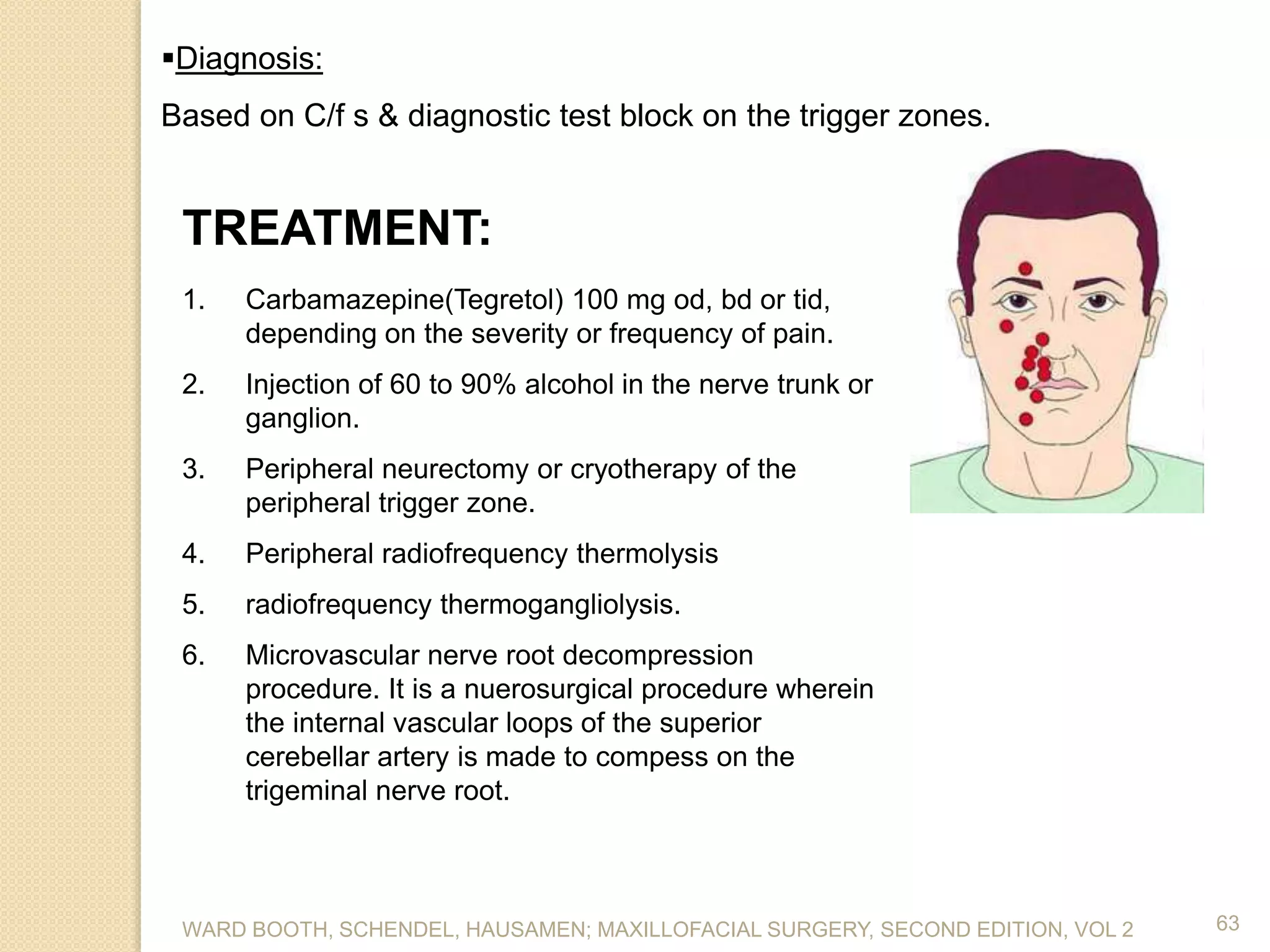 1. Carbamazepine(Tegretol) 100 mg od, bd or tid,
depending on the severity or frequency of pain.
2. Injection of 60 to 90% alcohol in the nerve trunk or
ganglion.
3. Peripheral neurectomy or cryotherapy of the
peripheral trigger zone.
4. Peripheral radiofrequency thermolysis
5. radiofrequency thermogangliolysis.
6. Microvascular nerve root decompression
procedure. It is a nuerosurgical procedure wherein
the internal vascular loops of the superior
cerebellar artery is made to compess on the
trigeminal nerve root.
63
TREATMENT:
WARD BOOTH, SCHENDEL, HAUSAMEN; MAXILLOFACIAL SURGERY, SECOND EDITION, VOL 2
Diagnosis:
Based on C/f s & diagnostic test block on the trigger zones.
 