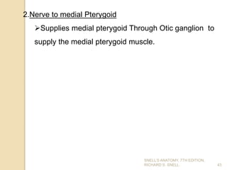 43
2.Nerve to medial Pterygoid
Supplies medial pterygoid Through Otic ganglion to
supply the medial pterygoid muscle.
SNELL’S ANATOMY, 7TH EDITION,
RICHARD S. SNELL.
 