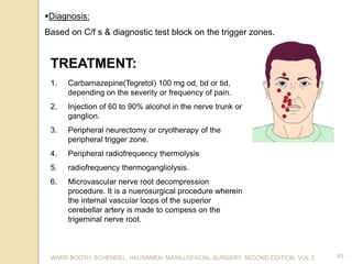 1. Carbamazepine(Tegretol) 100 mg od, bd or tid,
depending on the severity or frequency of pain.
2. Injection of 60 to 90% alcohol in the nerve trunk or
ganglion.
3. Peripheral neurectomy or cryotherapy of the
peripheral trigger zone.
4. Peripheral radiofrequency thermolysis
5. radiofrequency thermogangliolysis.
6. Microvascular nerve root decompression
procedure. It is a nuerosurgical procedure wherein
the internal vascular loops of the superior
cerebellar artery is made to compess on the
trigeminal nerve root.
63
TREATMENT:
WARD BOOTH, SCHENDEL, HAUSAMEN; MAXILLOFACIAL SURGERY, SECOND EDITION, VOL 2
Diagnosis:
Based on C/f s & diagnostic test block on the trigger zones.
 