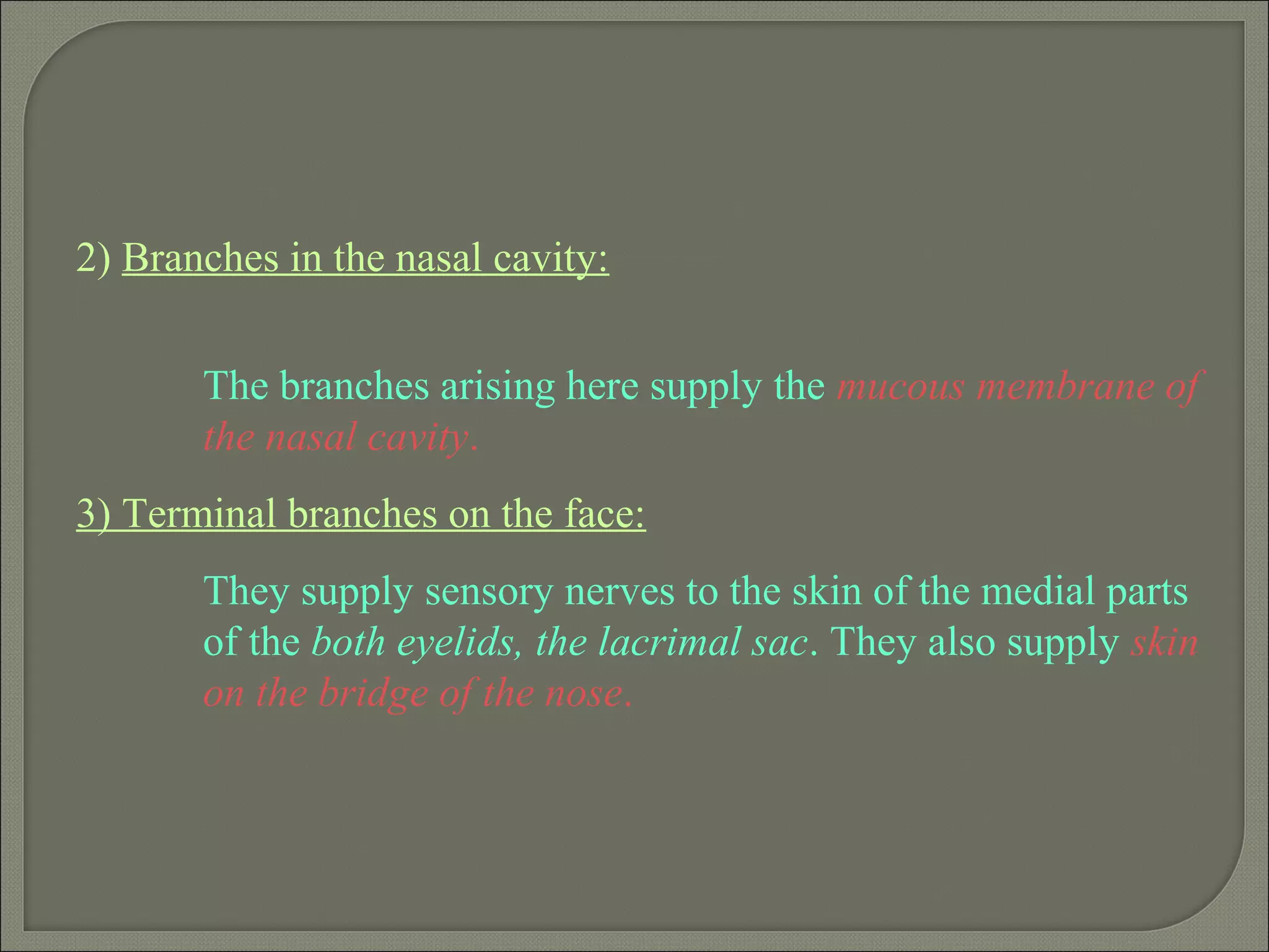 2) Branches in the nasal cavity:
The branches arising here supply the mucous membrane of
the nasal cavity.
3) Terminal branches on the face:
They supply sensory nerves to the skin of the medial parts
of the both eyelids, the lacrimal sac. They also supply skin
on the bridge of the nose.
 