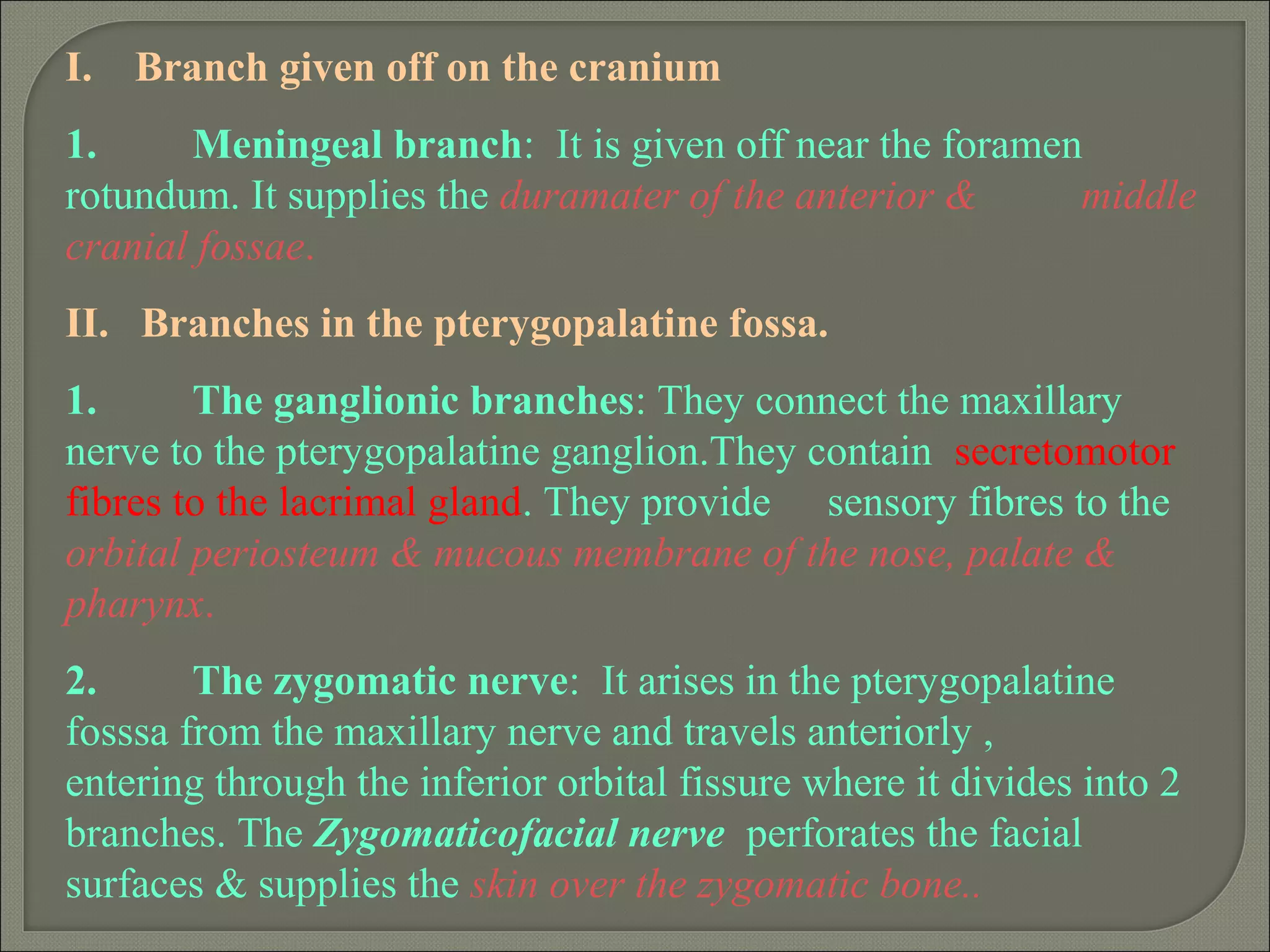 I. Branch given off on the cranium
1. Meningeal branch: It is given off near the foramen
rotundum. It supplies the duramater of the anterior & middle
cranial fossae.
II. Branches in the pterygopalatine fossa.
1. The ganglionic branches: They connect the maxillary
nerve to the pterygopalatine ganglion.They contain secretomotor
fibres to the lacrimal gland. They provide sensory fibres to the
orbital periosteum & mucous membrane of the nose, palate &
pharynx.
2. The zygomatic nerve: It arises in the pterygopalatine
fosssa from the maxillary nerve and travels anteriorly ,
entering through the inferior orbital fissure where it divides into 2
branches. The Zygomaticofacial nerve perforates the facial
surfaces & supplies the skin over the zygomatic bone..
 
