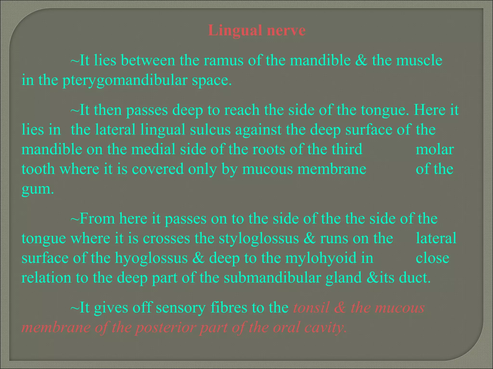 Lingual nerve
~It lies between the ramus of the mandible & the muscle
in the pterygomandibular space.
~It then passes deep to reach the side of the tongue. Here it
lies in the lateral lingual sulcus against the deep surface of the
mandible on the medial side of the roots of the third molar
tooth where it is covered only by mucous membrane of the
gum.
~From here it passes on to the side of the the side of the
tongue where it is crosses the styloglossus & runs on the lateral
surface of the hyoglossus & deep to the mylohyoid in close
relation to the deep part of the submandibular gland &its duct.
~It gives off sensory fibres to the tonsil & the mucous
membrane of the posterior part of the oral cavity.
 