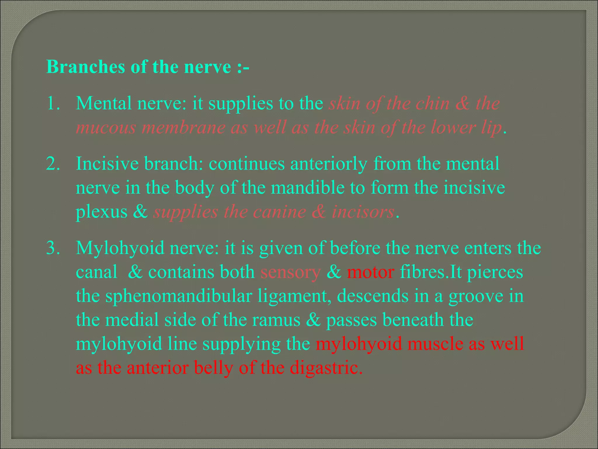 Branches of the nerve :-
1. Mental nerve: it supplies to the skin of the chin & the
mucous membrane as well as the skin of the lower lip.
2. Incisive branch: continues anteriorly from the mental
nerve in the body of the mandible to form the incisive
plexus & supplies the canine & incisors.
3. Mylohyoid nerve: it is given of before the nerve enters the
canal & contains both sensory & motor fibres.It pierces
the sphenomandibular ligament, descends in a groove in
the medial side of the ramus & passes beneath the
mylohyoid line supplying the mylohyoid muscle as well
as the anterior belly of the digastric.
 