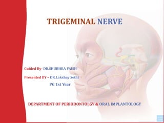 TRIGEMINAL NERVE
Guided By- DR.SHUBHRA VAISH
Presented BY – DR.Lakshay Sethi
DEPARTMENT OF PERIODONTOLGY & ORAL IMPLANTOLOGY
PG 1st Year
 