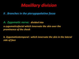 II . Branches in the pterygopalatine fossa
A. Zygomatic nerve: divided into
a.zygomaticofacial which innervate the skin over the
prominence of the cheek
b. Zygomaticotemporal : which innervate the skin in the lateral
side of face
Maxillary division
 