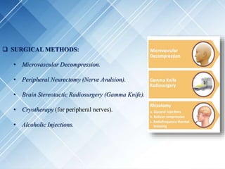 SURGICAL METHODS:
• Microvascular Decompression.
• Peripheral Neurectomy (Nerve Avulsion).
• Brain Stereotactic Radiosurgery (Gamma Knife).
• Cryotherapy (for peripheral nerves).
• Alcoholic Injections.
 