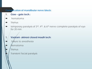 Complication of mandibular nerve block:
1. Gow – gate tech.:
 hematoma
 Trismus
 temporary paralysis of 3rd, 4th, & 6th nerve complete paralysis of eye
for 20 min.
1. Vazirani- akinosi closed mouth tech:
 failure to anesthesia
 Hematoma
 Trismus
 Transient facial paralysis
 