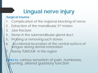 Lingual nerve injury
Surgical trauma :
1. Complication of the regional blocking of nerve
2. Extraction of the mandibular 3rd molars
3. Jaw fracture
4. Stone in the submandibular gland duct
5. Probing or removing such stones
6. Accidental laceration of the ventral surface of
tongue during dental restoration
7. Rarely TUMOUR in this region
EFFECTS: various sensation of pain, numbness,
burning, altered gustatory function
 