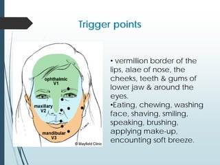 Trigger points
• vermillion border of the
lips, alae of nose, the
cheeks, teeth & gums of
lower jaw & around the
eyes.
•Eating, chewing, washing
face, shaving, smiling,
speaking, brushing,
applying make-up,
encounting soft breeze.
 