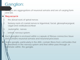 Ganglion:
 Ganglia are aggregations of neuronal somata and are of varying form
and size.
 They occur in
1. the dorsal roots of spinal nerves
2. Sensory roots of cranial nerves ie trigeminal, facial, glossopharyngeal,
vagal and vestibulocochlear
3. autonomic nerves
4. enteric nervous system.
 Each ganglion is enclosed within a capsule of fibrous connective tissue
and contains neuronal somata and neuronal processes
 Some ganglia, particularly in the ANS, contain fibres from cell bodies that
lie elsewhere in the nervous system and that either pass through, or
terminate within, the ganglia.
 