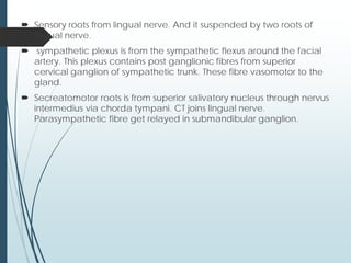  Sensory roots from lingual nerve. And it suspended by two roots of
lingual nerve.
 sympathetic plexus is from the sympathetic flexus around the facial
artery. This plexus contains post ganglionic fibres from superior
cervical ganglion of sympathetic trunk. These fibre vasomotor to the
gland.
 Secreatomotor roots is from superior salivatory nucleus through nervus
intermedius via chorda tympani. CT joins lingual nerve.
Parasympathetic fibre get relayed in submandibular ganglion.
 