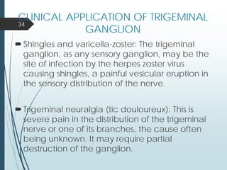 CLINICAL APPLICATION OF TRIGEMINAL
GANGLION
Shingles and varicella-zoster: The trigeminal
ganglion, as any sensory ganglion, may be the
site of infection by the herpes zoster virus
causing shingles, a painful vesicular eruption in
the sensory distribution of the nerve.
Trigeminal neuralgia (tic douloureux): This is
severe pain in the distribution of the trigeminal
nerve or one of its branches, the cause often
being unknown. It may require partial
destruction of the ganglion.
34
 