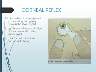 CORNEAL REFLEX
Ask the patient to look upward
to the ceiling and gently
depress the lower eyelid
Lightly touch the lateral edge
of the cornea with damp
cotton wool
Look for both direct and
consensual blinking
 