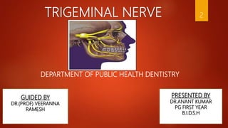 TRIGEMINAL NERVE
DEPARTMENT OF PUBLIC HEALTH DENTISTRY
2
GUIDED BY
DR.(PROF) VEERANNA
RAMESH
PRESENTED BY
DR.ANANT KUMAR
PG FIRST YEAR
B.I.D.S.H
 