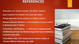 REFERENCES
75
• Chaurasia’s B D human anatomy, 7th edition volume 3
• Gray’s anatomy for students, first south asia edition
• Prasad Jagannath human anatomy 1st edition volume 3
• Bennett C.Richard Monheim’s Local anesthesia and pain control
in dental practice 7th edition.
• Lui Forshing , Tadi Prasanna , C. Anil kumar Arayamparambil ,
(NCBI)National Center for Biotechnology Information Wellenberg
syndrome 6 july 2020.
• I.Roat Melvin, MD, FACS, Sidney Kimmel Medical College at
Thomas Jefferson University, may 2020.
 