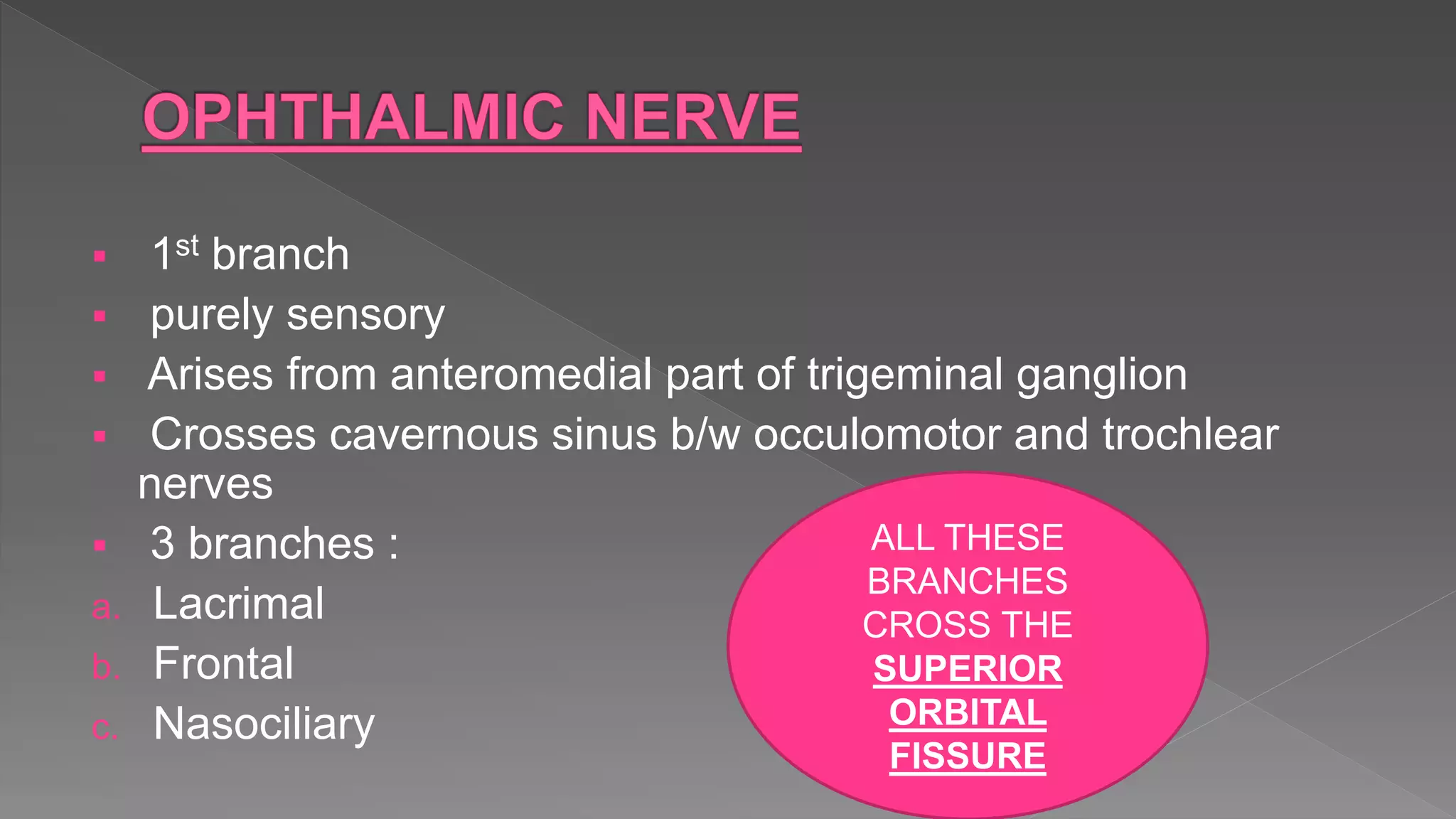  1st branch
 purely sensory
 Arises from anteromedial part of trigeminal ganglion
 Crosses cavernous sinus b/w occulomotor and trochlear
nerves
 3 branches :
a. Lacrimal
b. Frontal
c. Nasociliary
ALL THESE
BRANCHES
CROSS THE
SUPERIOR
ORBITAL
FISSURE
 