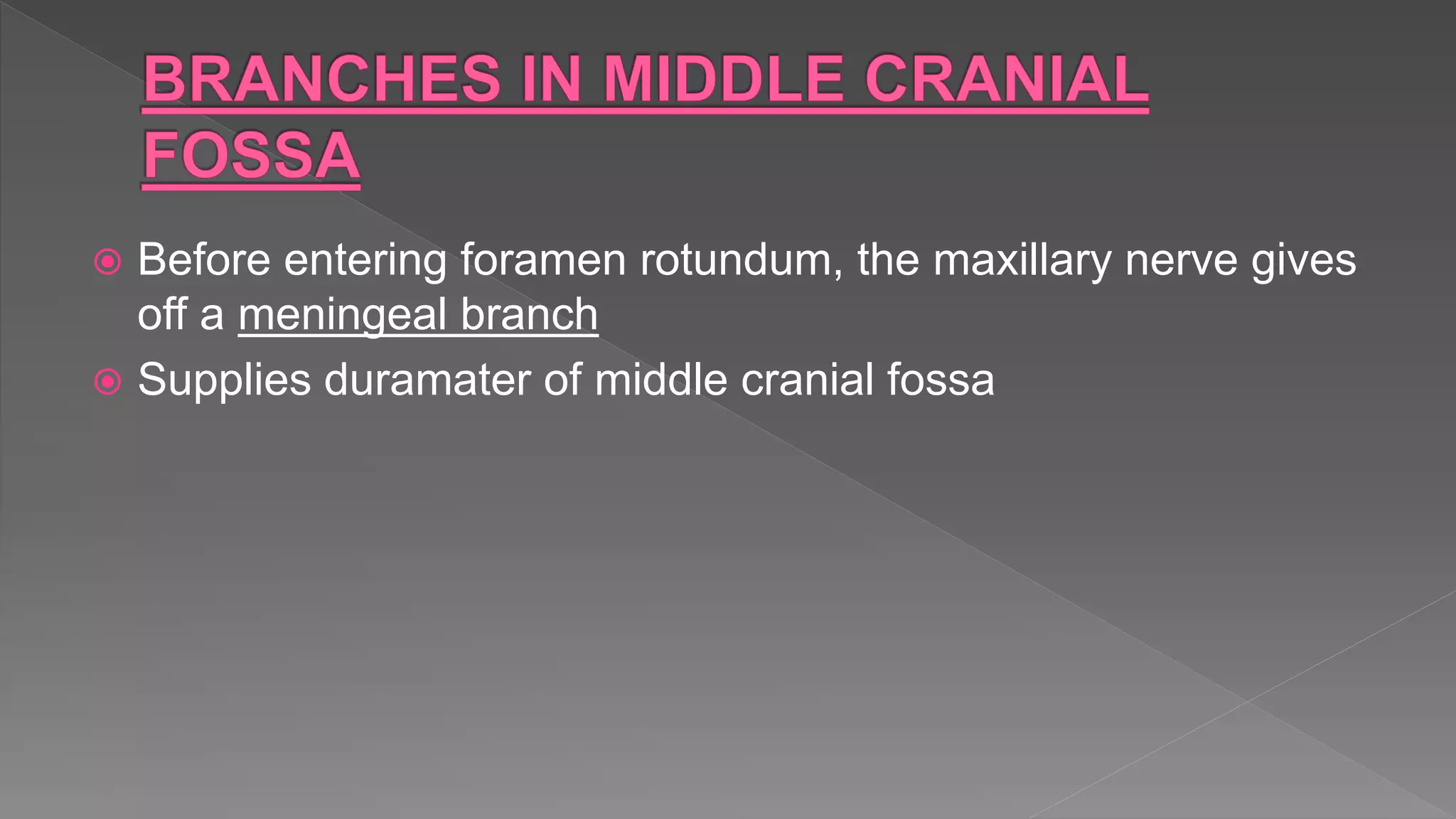  Before entering foramen rotundum, the maxillary nerve gives
off a meningeal branch
 Supplies duramater of middle cranial fossa
 