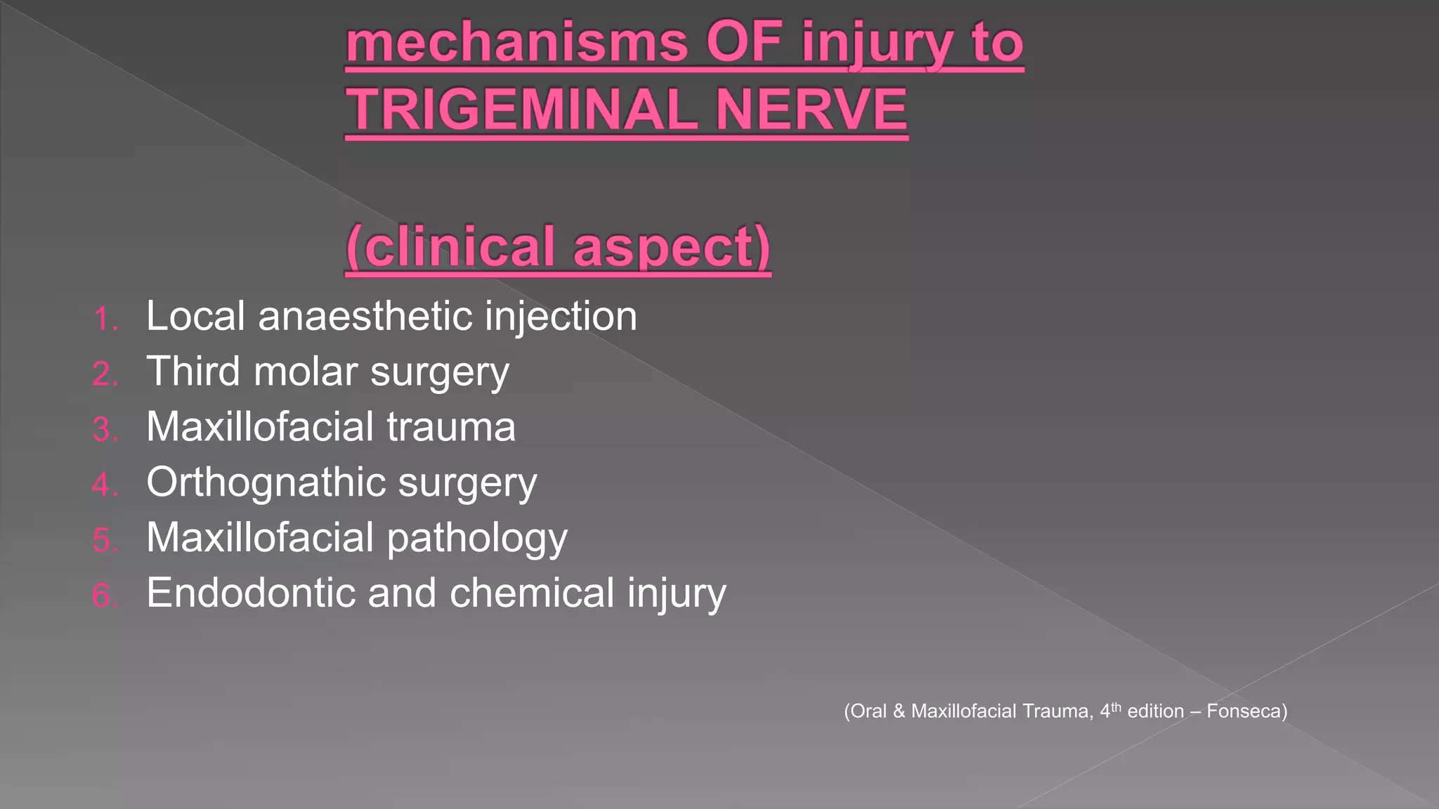 1. Local anaesthetic injection
2. Third molar surgery
3. Maxillofacial trauma
4. Orthognathic surgery
5. Maxillofacial pathology
6. Endodontic and chemical injury
(Oral & Maxillofacial Trauma, 4th edition – Fonseca)
 