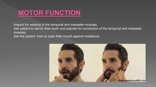 Inspect for wasting of the temporal and masseter muscles.
Ask patient to clench their teeth and palpate for contraction of the temporal and masseter
muscles.
Ask the patient then to open their mouth against resistance.
 