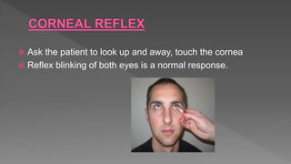  Ask the patient to look up and away, touch the cornea
 Reflex blinking of both eyes is a normal response.
 