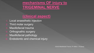 1. Local anaesthetic injection
2. Third molar surgery
3. Maxillofacial trauma
4. Orthognathic surgery
5. Maxillofacial pathology
6. Endodontic and chemical injury
(Oral & Maxillofacial Trauma, 4th edition – Fonseca)
 
