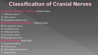 SENSORY CRANIAL NERVES: Afferent fibers
Ⅰ Olfactory nerve
Ⅱ Optic nerve
Ⅷ Vestibulocochlear nerve
MOTOR CRANIAL NERVES: Efferent fibers
Ⅲ Occulomotor nerve
Ⅳ Trochlear nerve
Ⅵ Abducent nerve
Ⅺ Accessory nerve
Ⅻ Hypoglossal nerve
MIXED NERVES: Both fibers
Ⅴ Trigeminal nerve
Ⅶ Facial nerve
Ⅸ Glossopharyngeal nerve
Ⅹ Vagus nerve
 