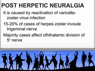 POST HERPETIC NEURALGIA
It is caused by reactivation of varicellazoster virus infection
15-20% of cases of herpes zoster invoule
trigeminal nerve
Majority cases affect ofhthalamic division of
5th nerve

 