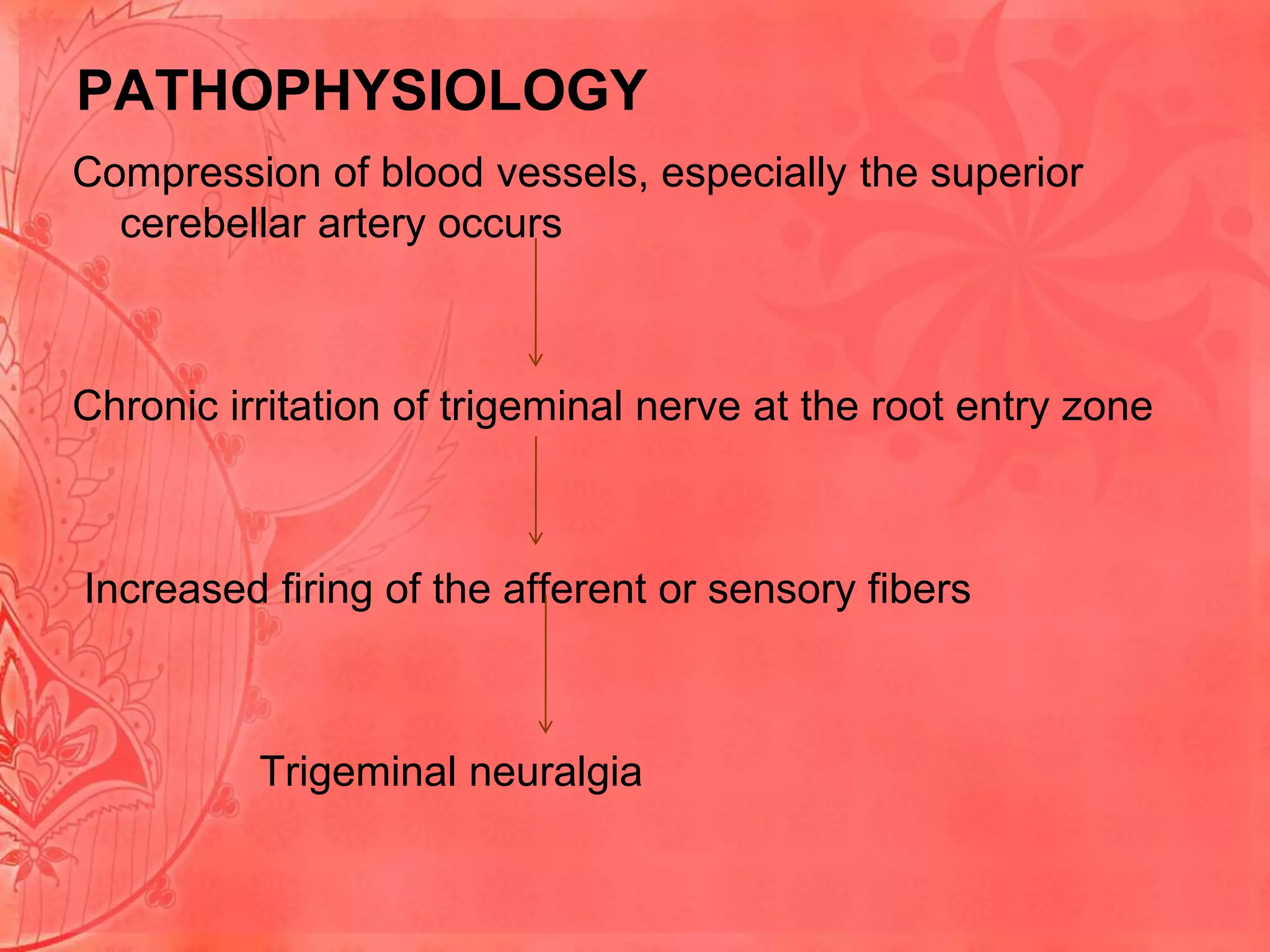 PATHOPHYSIOLOGY
Compression of blood vessels, especially the superior
cerebellar artery occurs

Chronic irritation of trigeminal nerve at the root entry zone

Increased firing of the afferent or sensory fibers

Trigeminal neuralgia

 