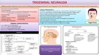 TRIGEMINAL NEURALGIA
Sudden,usually unilateral, severe, brief, stabbing,lancinating,paroxysmal, recurring pain in the distribution of one or more branches of 5thcranial nerve
ETIOLOGY & PATHOGENESIS
Usually idiopathic
Injury to the nerve root is an important initiating factor in the disease.
PROBABLE ETIOLOGIC FACTORS
Dental Etiology
Infection
Ratner’s jaw bone cavities]
Multiple sclerosis
Petrous ridge compression
Post traumatic neuralgia
Intracranial tumors
Intracranial vascular abnormalities
Viral etiology
CLINICAL CHARACTERISTICS :
Sudden, unilateral, lancinating, intermittent, paroxymal, sharp
shooting, shock like pain, elicited by slight touching superficial ‘Trigger points’
Pain is usually confined to one part of one division of Trigeminal nerve.
(V3 more commonly involved than V2 & rarely V1 involved)
Pain rarely crosses the midline: Unilateral
Pain lasts for few seconds to minutes and disappears promptly and
pain free in between two attacks
Pain precipitates on touching some trigger zones on face and presence
of trigger zone is definitive indicator of trigeminal neuralgia.
GENERAL CHARACTERISTICS
Incidence-ABout 4 in one lakh person
Age of occurrence- Fifth or sixth decade of life
Sex predilection-Female predisposition 58%
Affliction for sides- Predilection on the right side 60%
DIAGNOSIS
Dept of Oral and Maxillofacial Surgery
NORTH BENGAL DENTAL COLLEGE &
HOSPITL
Trigger Points
 