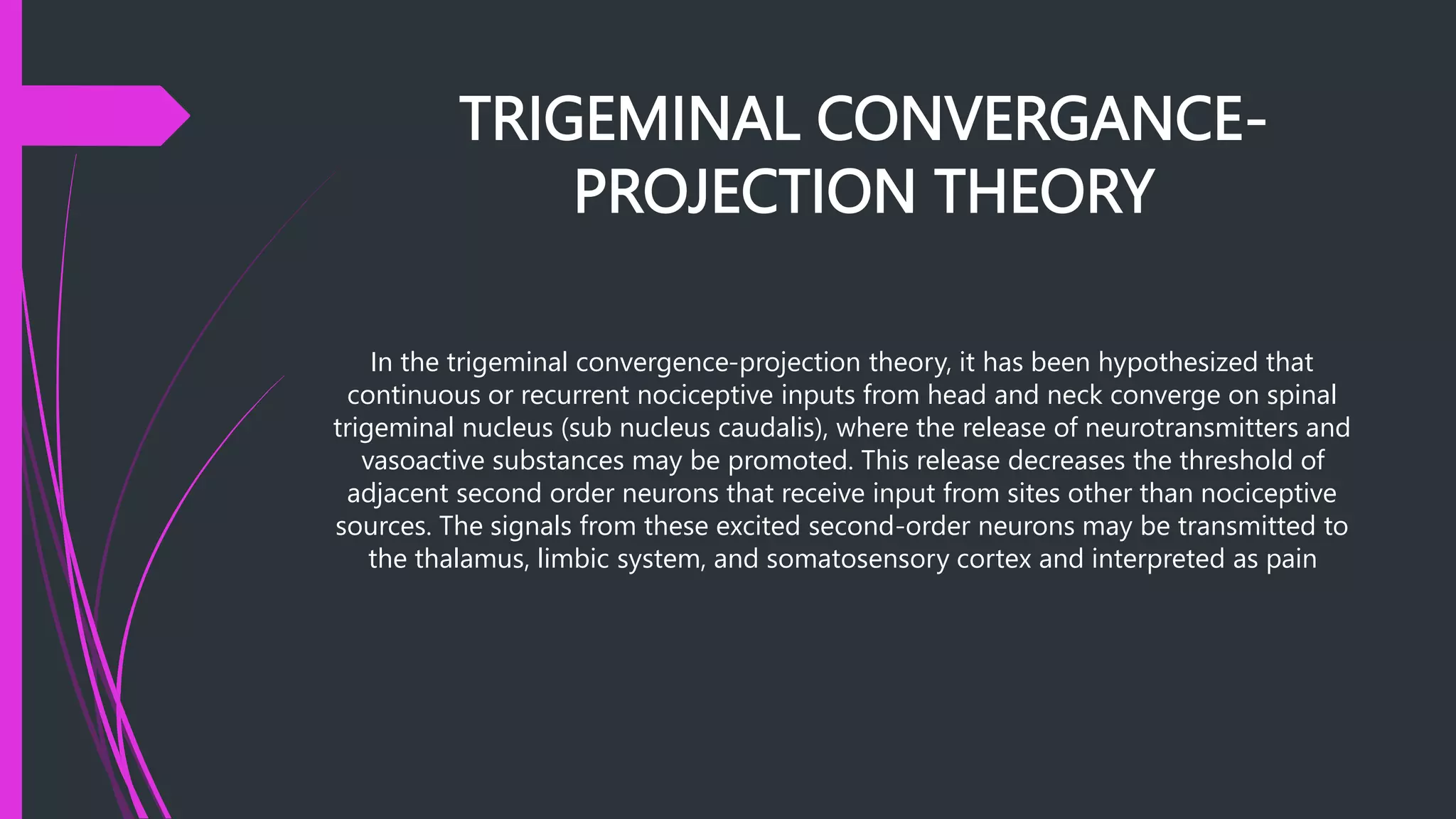 TRIGEMINAL CONVERGANCE-
PROJECTION THEORY
In the trigeminal convergence-projection theory, it has been hypothesized that
continuous or recurrent nociceptive inputs from head and neck converge on spinal
trigeminal nucleus (sub nucleus caudalis), where the release of neurotransmitters and
vasoactive substances may be promoted. This release decreases the threshold of
adjacent second order neurons that receive input from sites other than nociceptive
sources. The signals from these excited second-order neurons may be transmitted to
the thalamus, limbic system, and somatosensory cortex and interpreted as pain
 